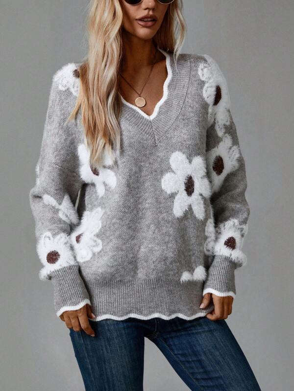 Thea - Elegant V-Neck Floral Sweater