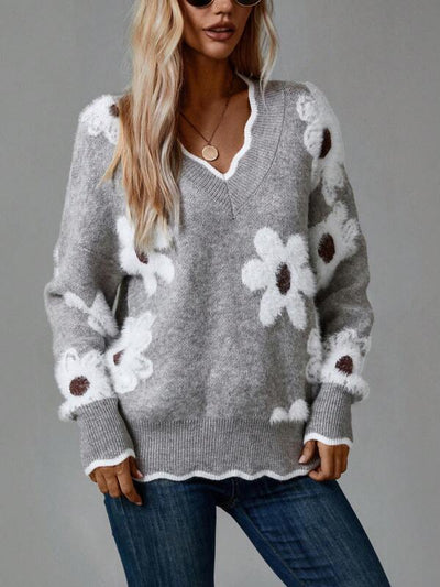 Thea - Elegant V-Neck Floral Sweater