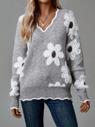 Thea - Elegant V-Neck Floral Sweater