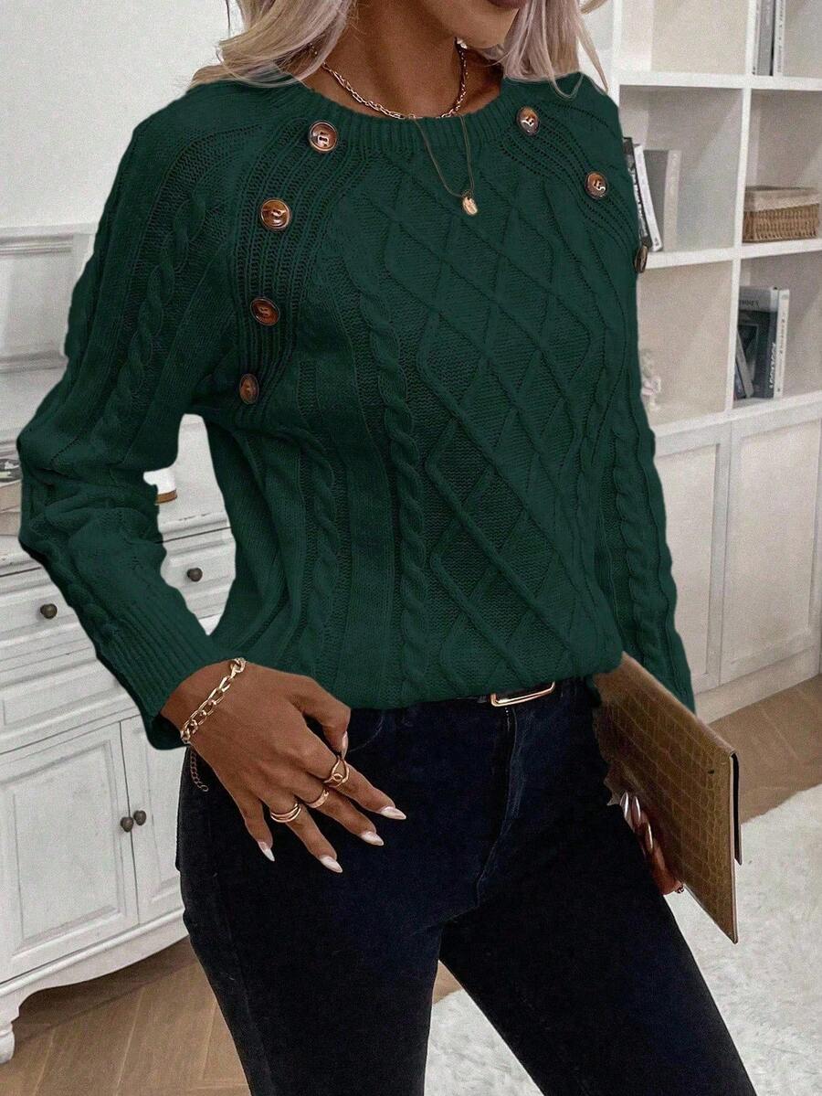 Clara | Button-Detail Cable Knit Jumper